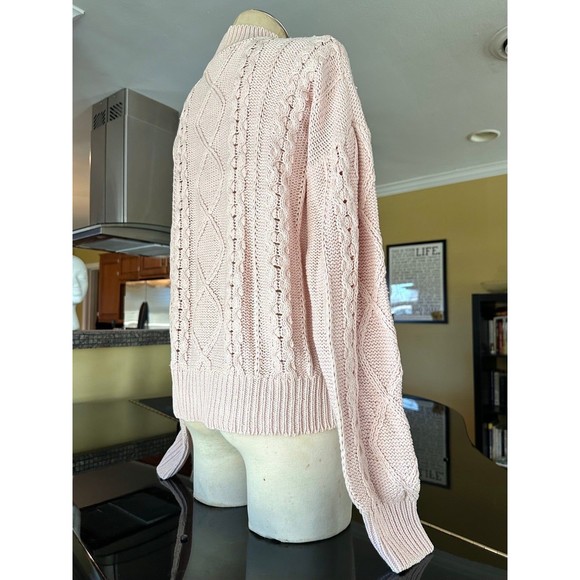 VTG 1980 Blush Ballet Pink Pearl Rhinestone Embellished Cotton Cableknit Sweater - Picture 9 of 12